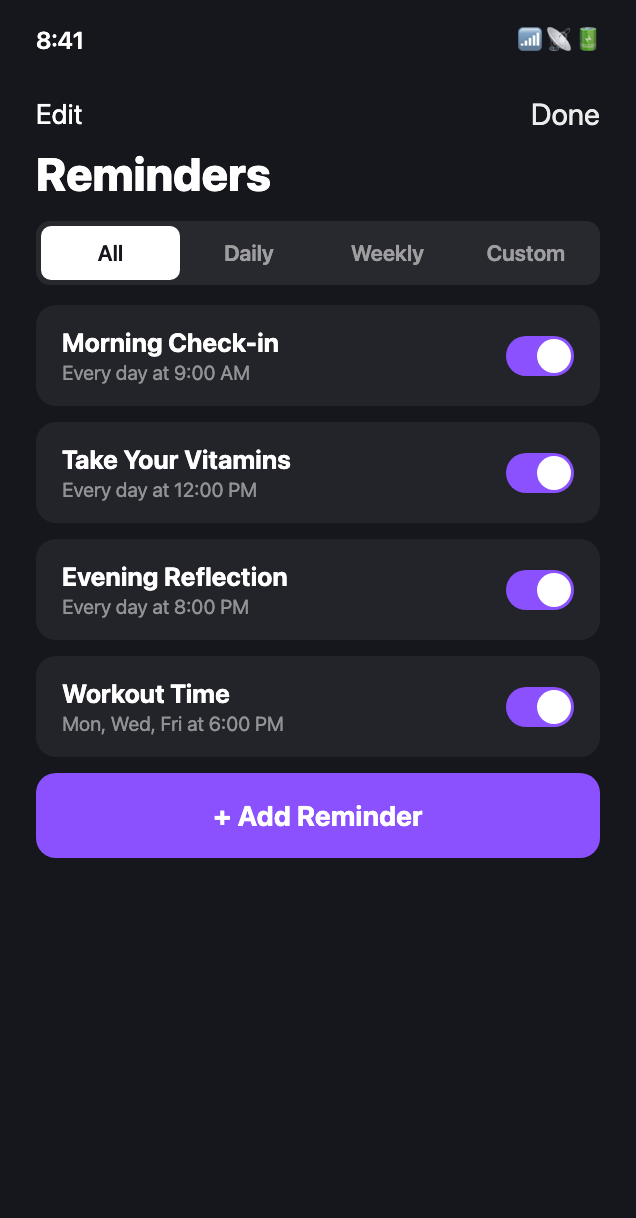Reminders screen