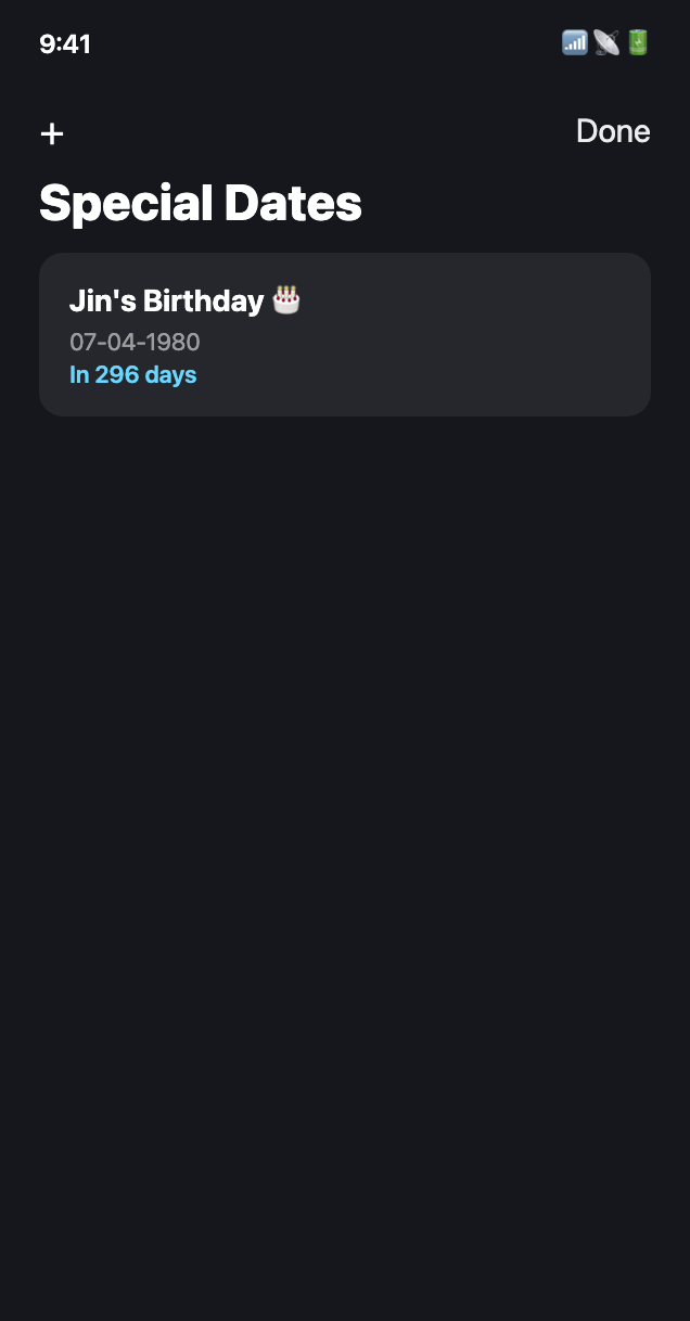 Special Dates screen
