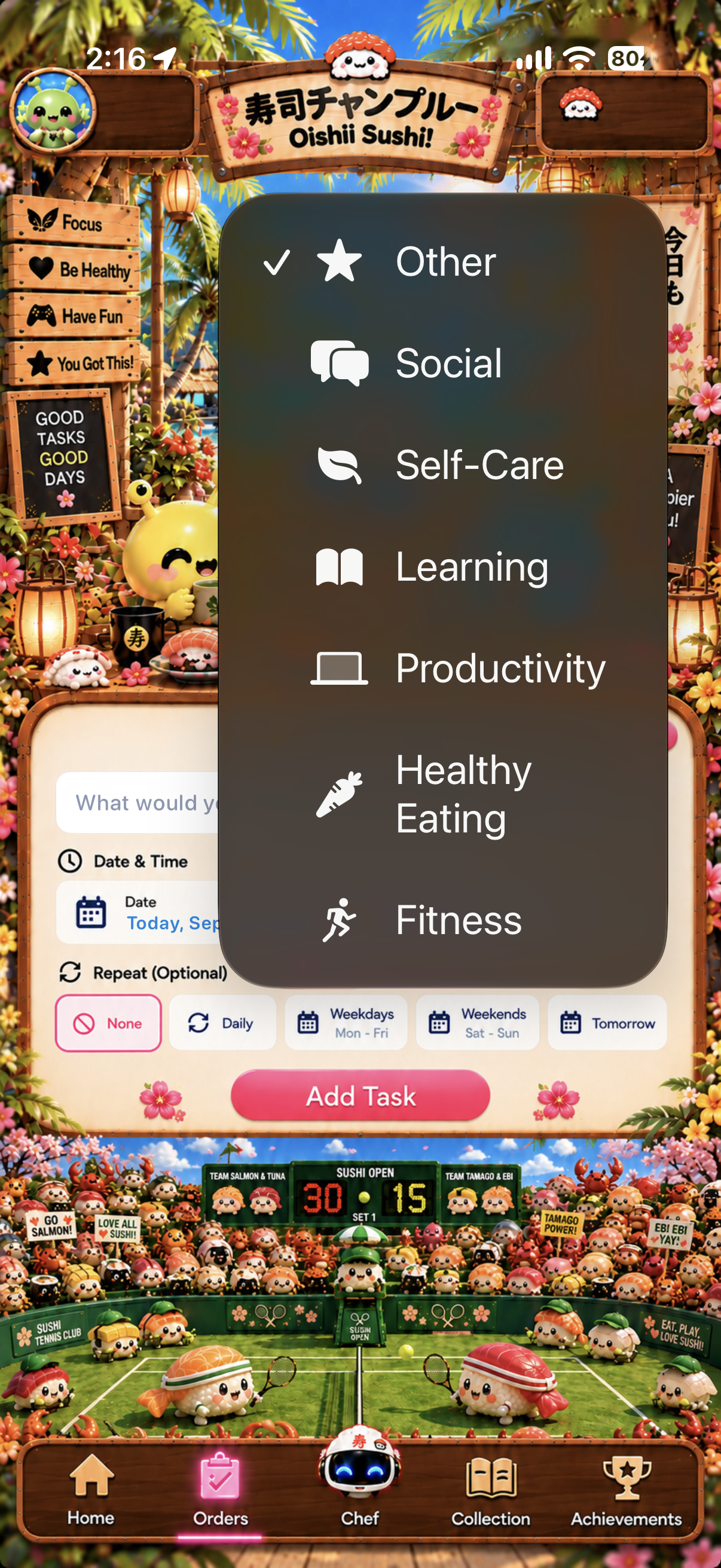 Task category picker showing category options