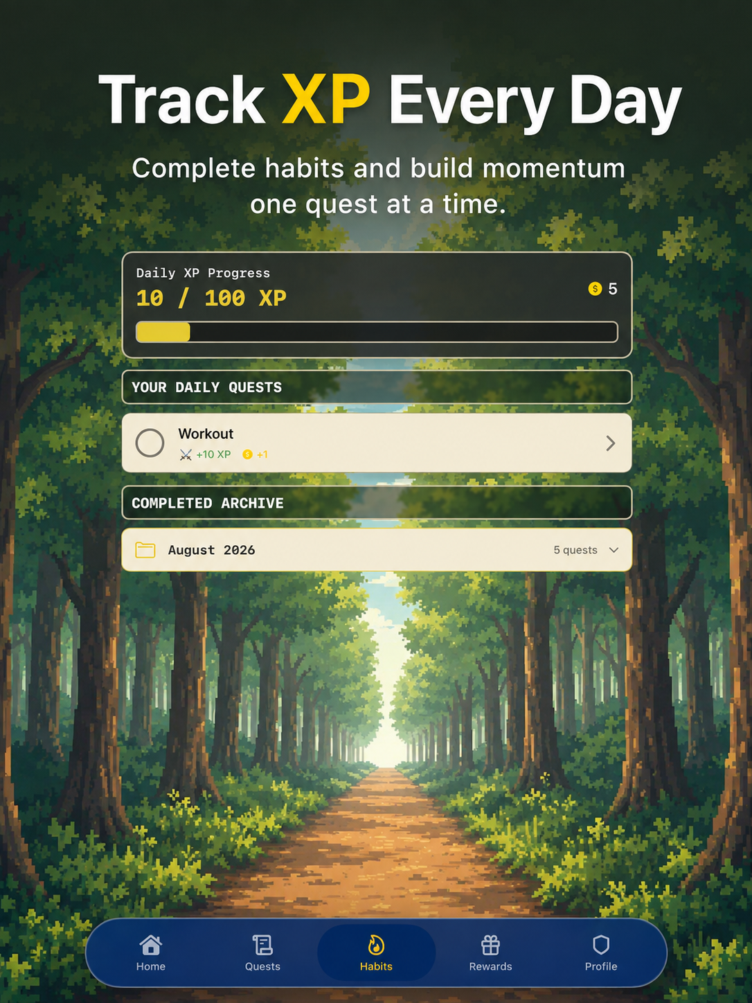 Daily Habits and XP tracking screen on iPad