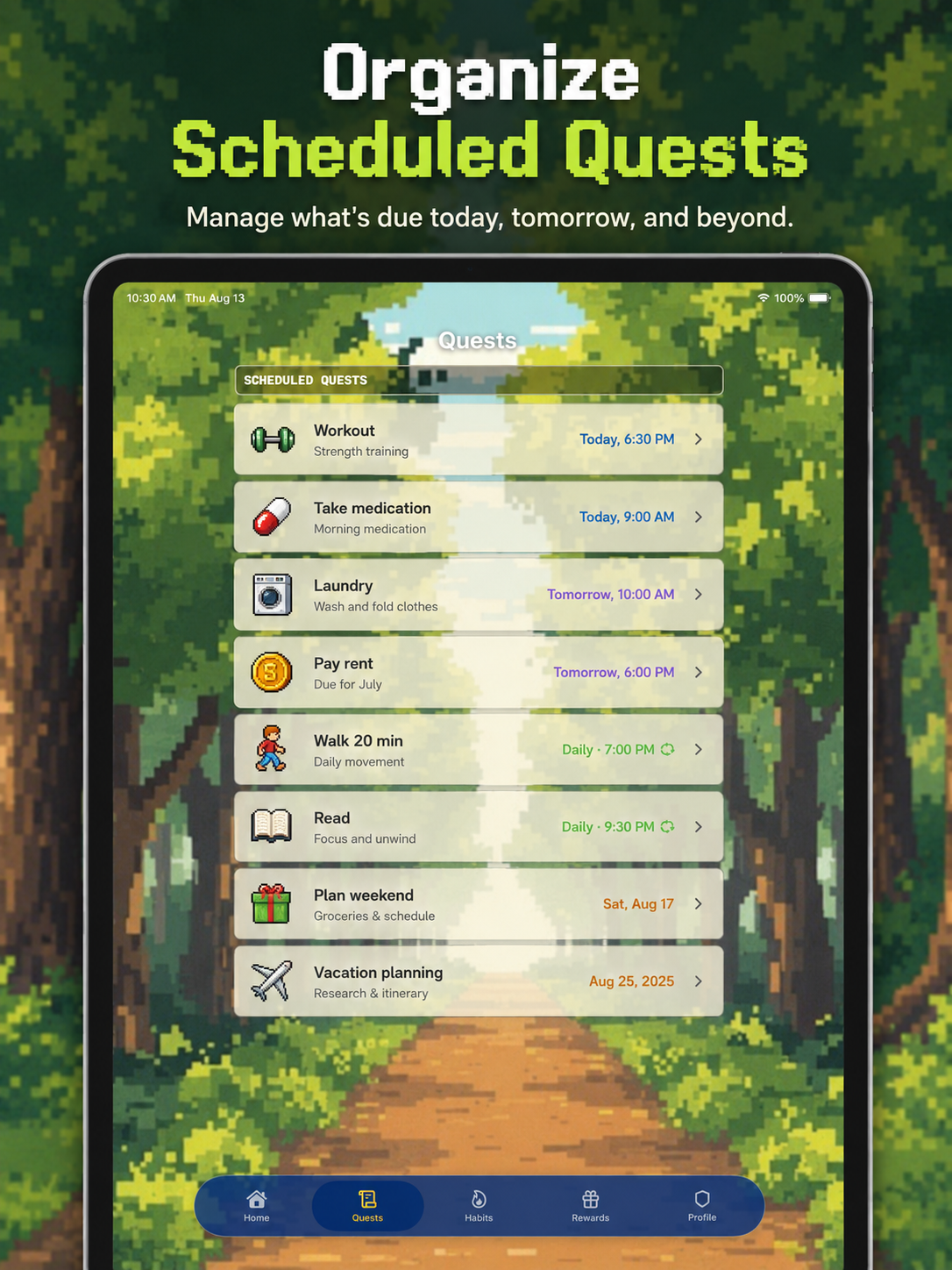 Scheduled Quests screen on iPad