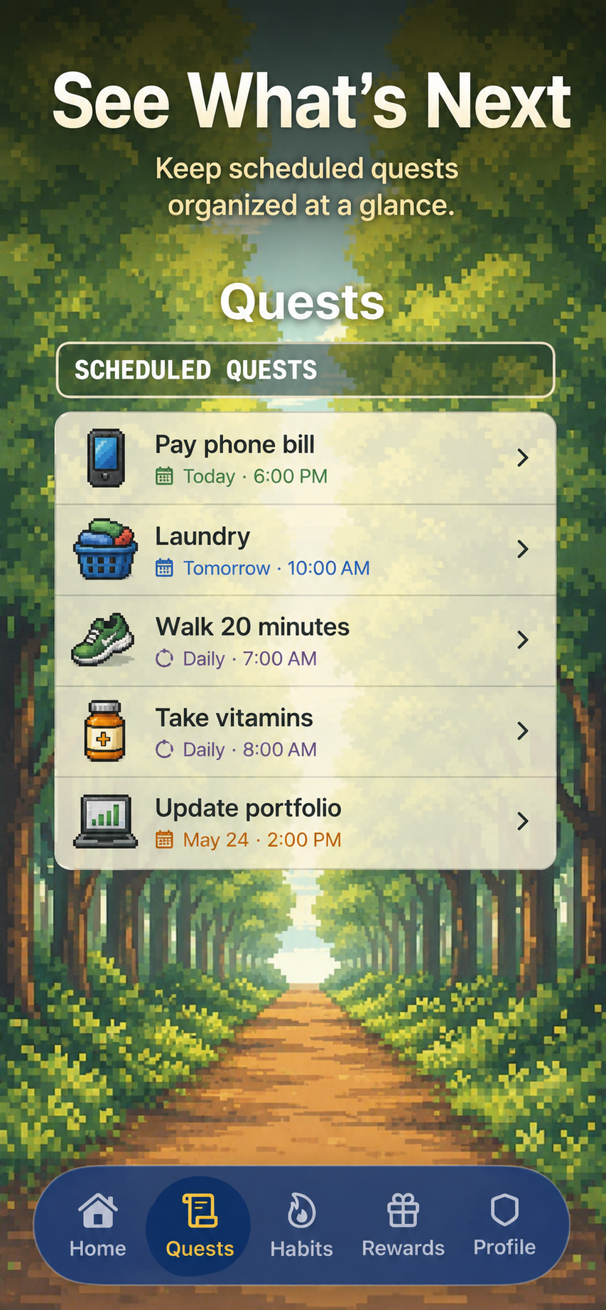 Scheduled Quests screen on iPhone