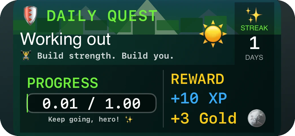 Medium Neuro Venture Daily Quest widget showing quest progress, streak, and XP and Gold reward