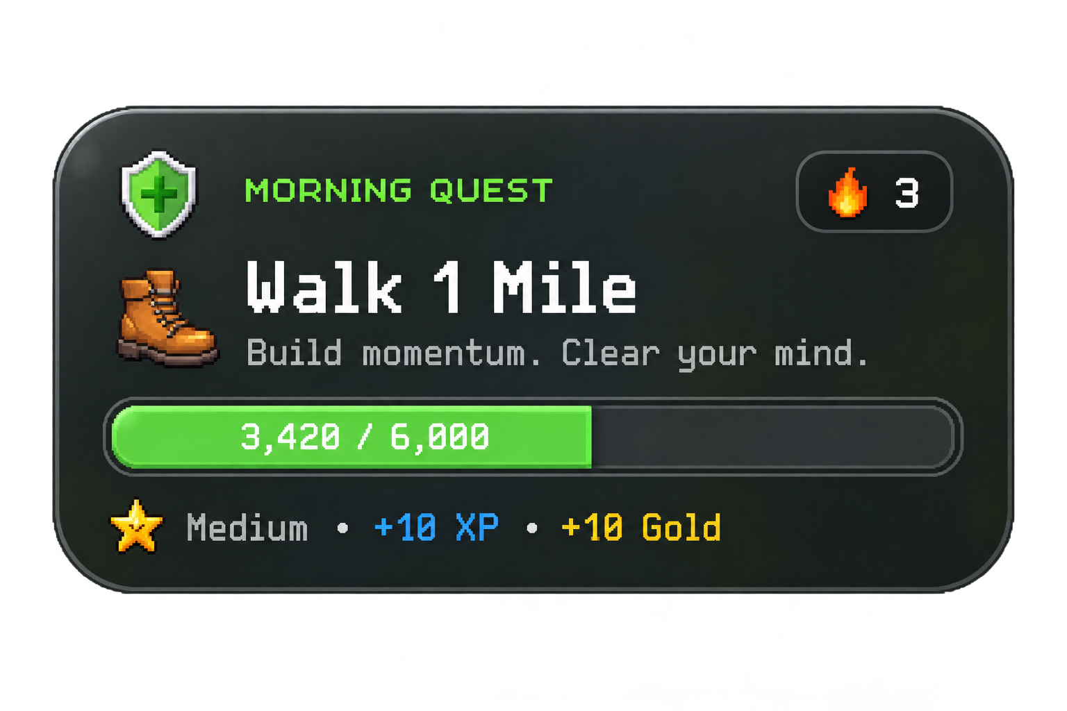 Medium Neuro Venture Morning Quest widget showing step progress and quest rewards