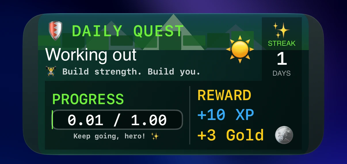 Neuro Venture medium quest widget showing quest progress and XP and gold reward