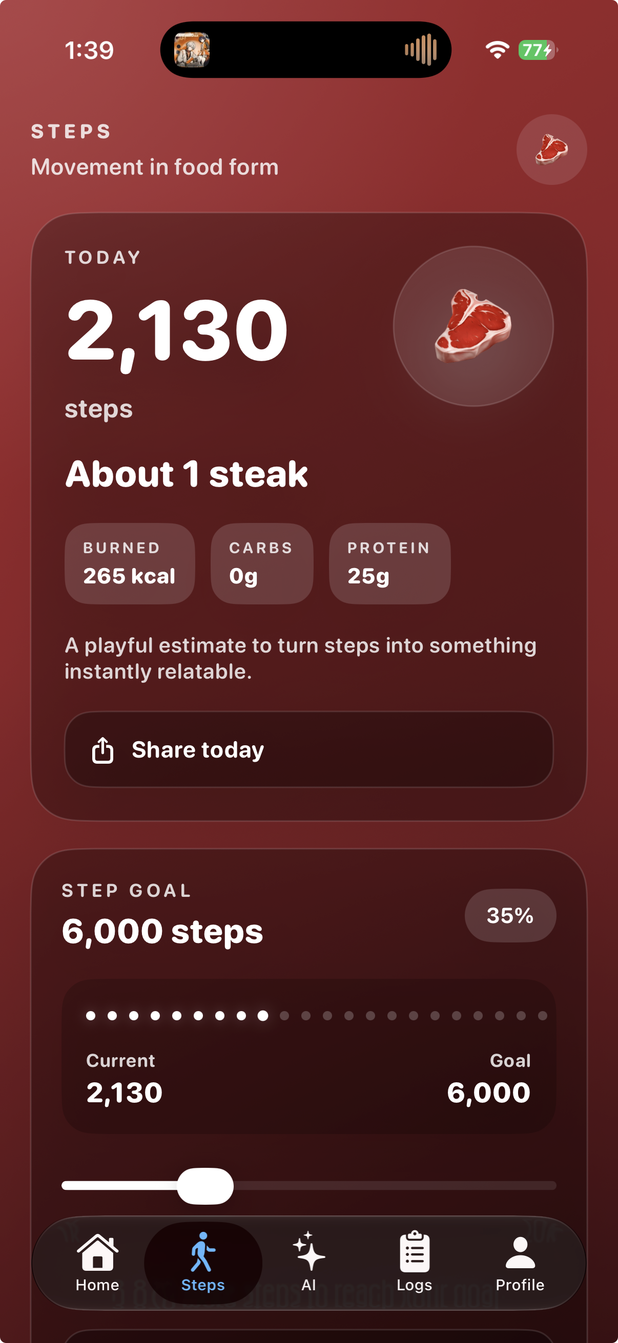 Movement in Food Form screen